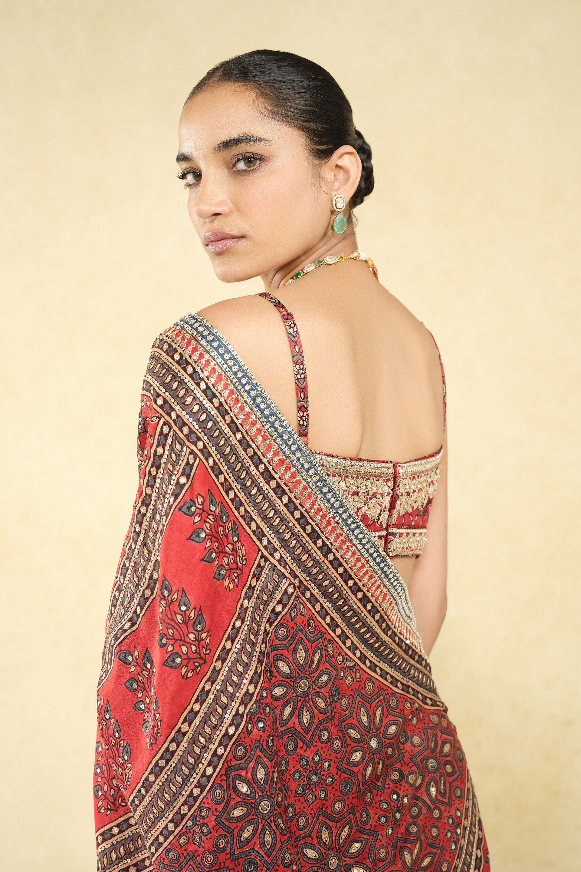 Saaj Ajrakh Hand-block Printed Silk Saree - Red, Red, image 6